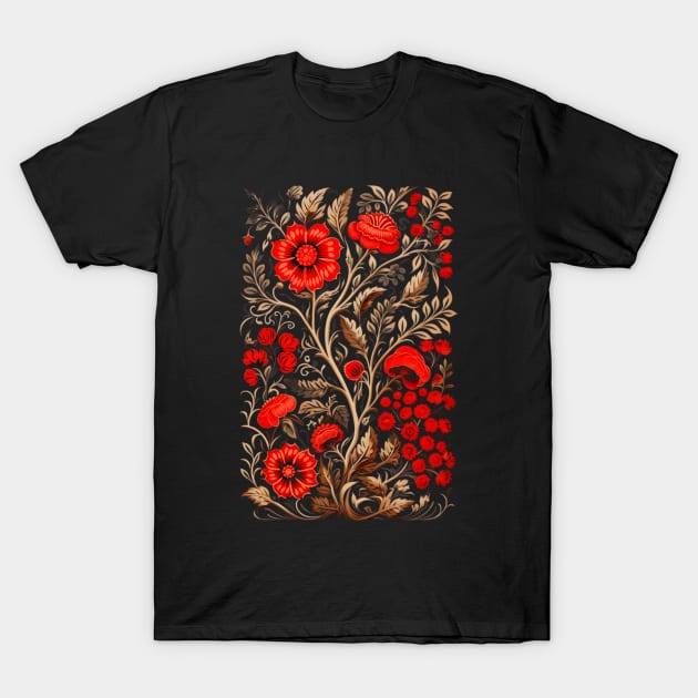 Red and Gold Flower Design T-Shirt by Mistywisp